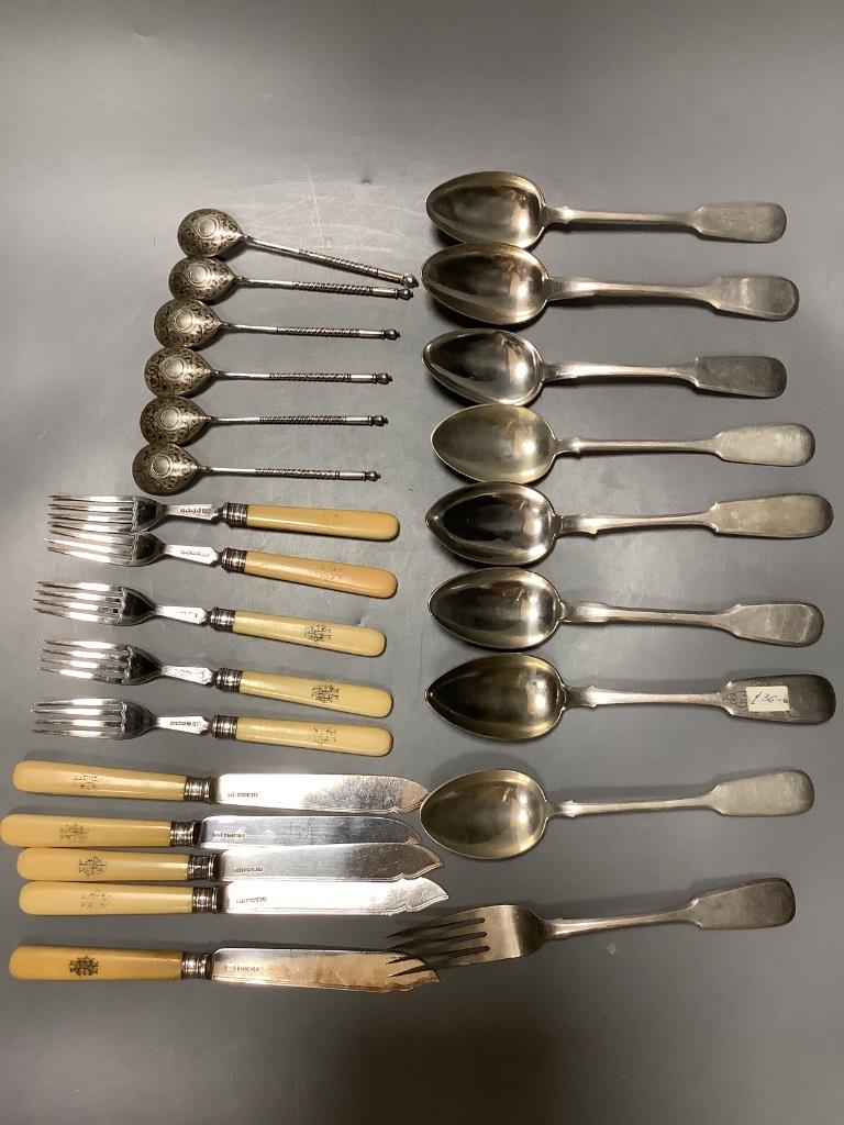 Six pairs of Victorian Ivory handled silver fish eaters and a small quantity of other flatware.